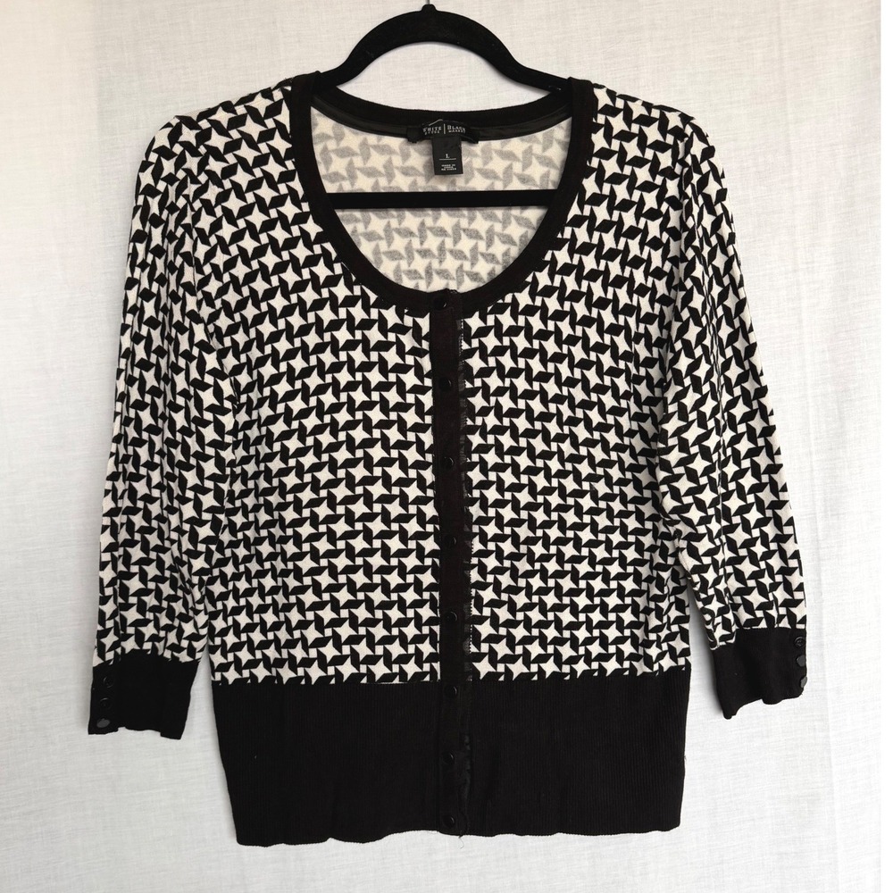 White House Black Market Cardigan Black White Geometric Office 3/4 Sleeve Large